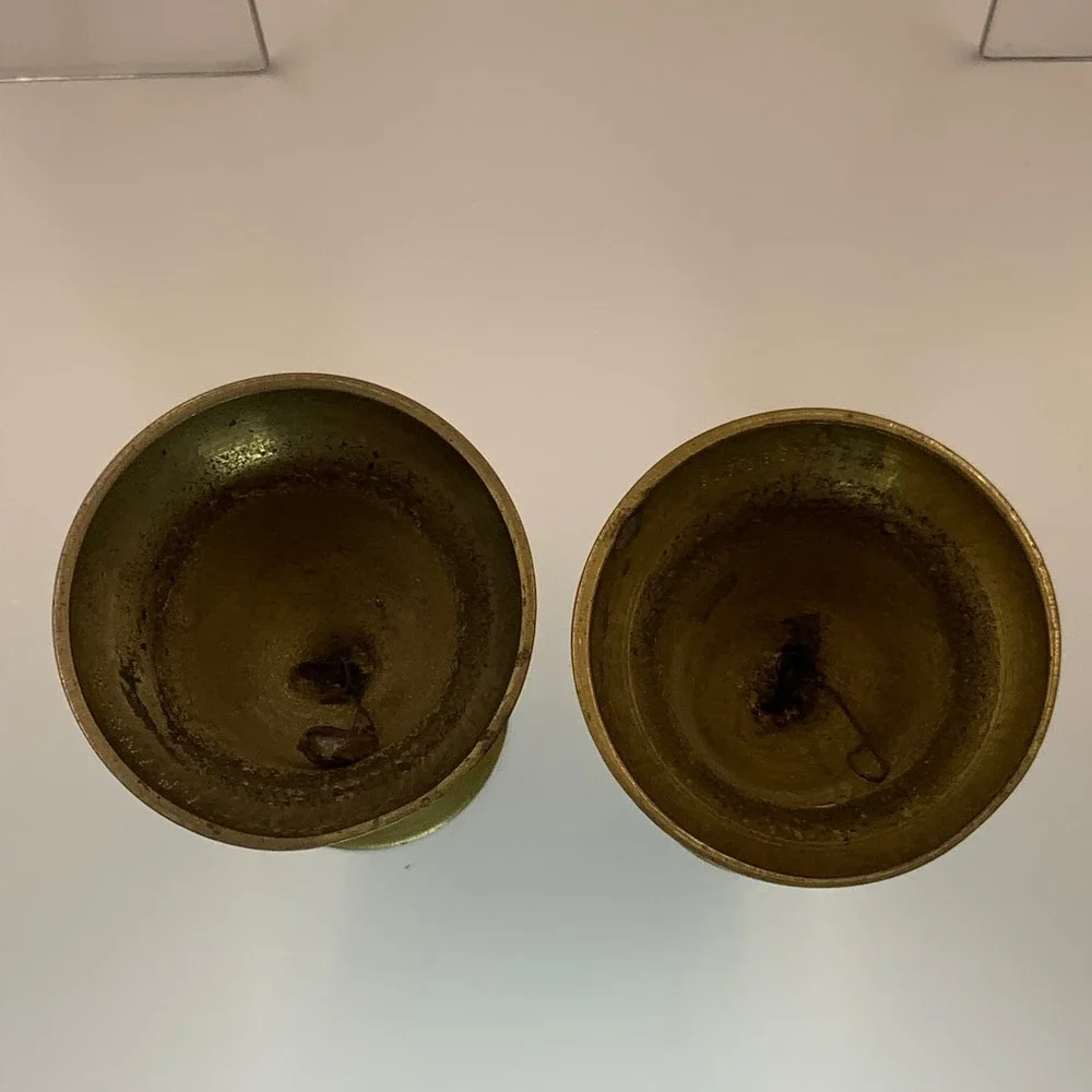 Vintage India Etched Floral Enamel Brass Bell Candle Holder Pair Gold 4.5in
